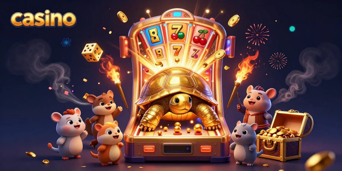 Casino scene with golden tortoise and jackpot slot machine action