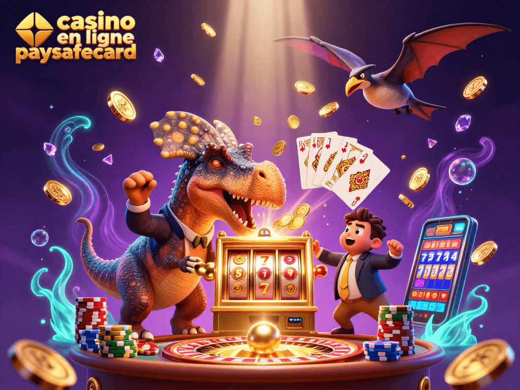 Le casino en ligne paysafecard présente un pachycéphalosaure frappant une machine à sous dorée pour obtenir des pièces, avec un manager ankylosaure et un ptérodactyle en scène.