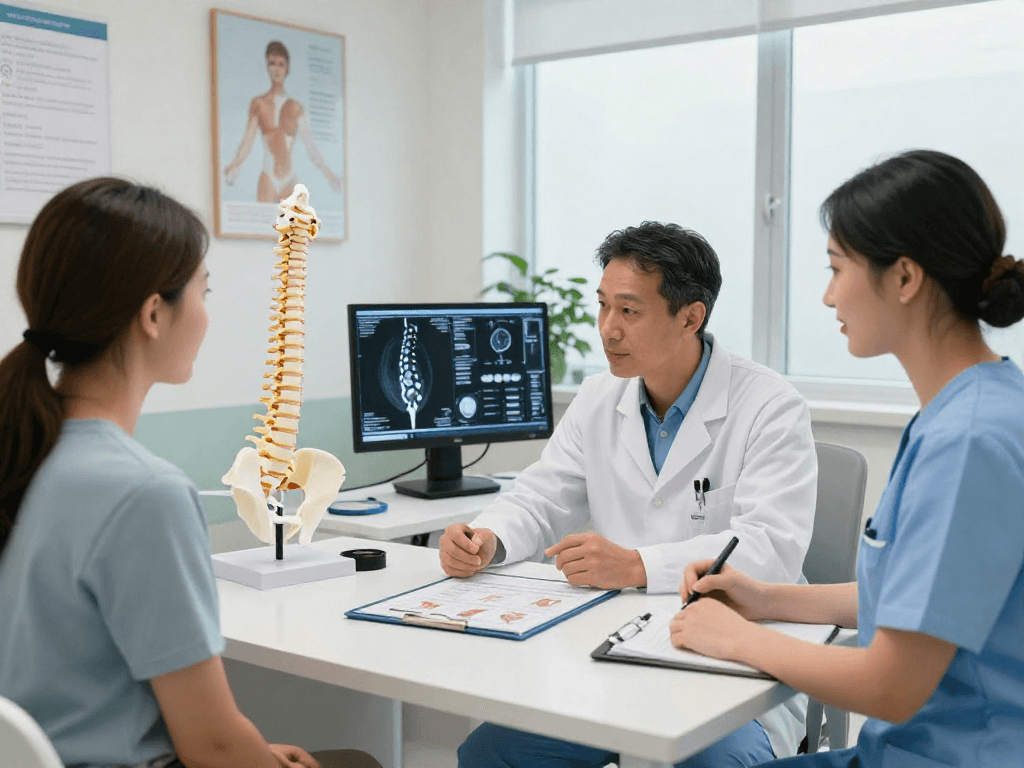 Patient consultation about bel kayması ameliyatı with a spine surgeon in a modern clinic