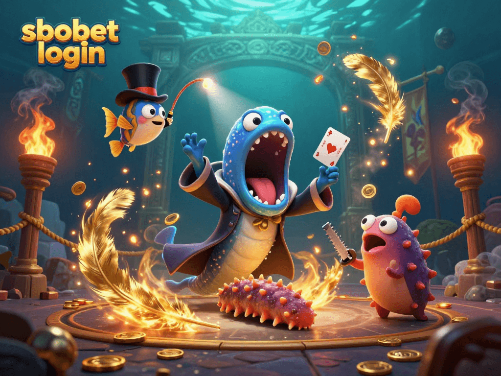 Experience thrilling sbobet login action with vibrant gambling elements and animated sea creatures in this magical scene.
