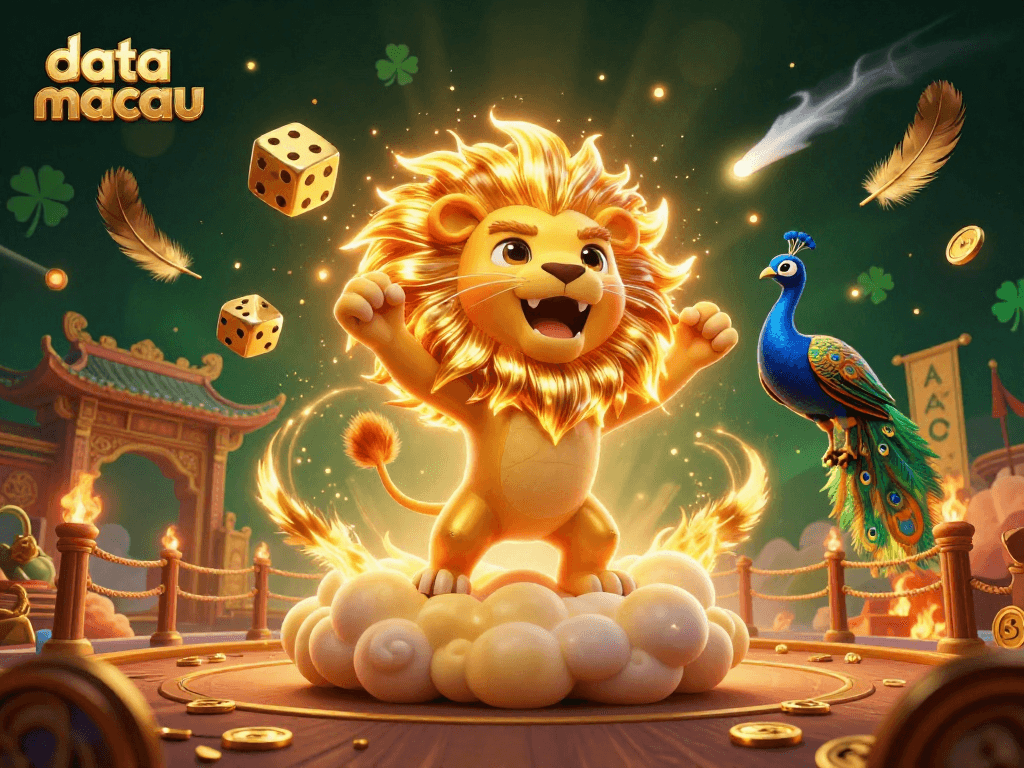 Cheerful 3D lion representing data macau as vibrant dice and betting tokens add excitement