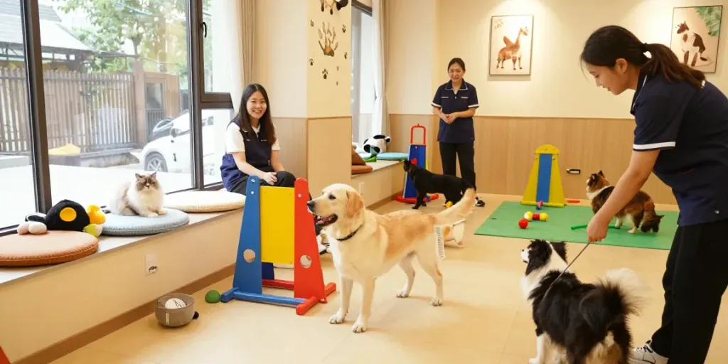 Happy pets enjoying their stay in a cozy pet boarding facility with friendly staff.