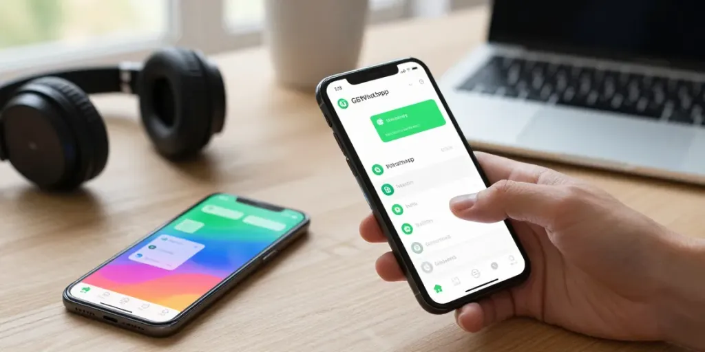 GBWhatsApp official app features showcased on a mobile device in a stylish workspace.