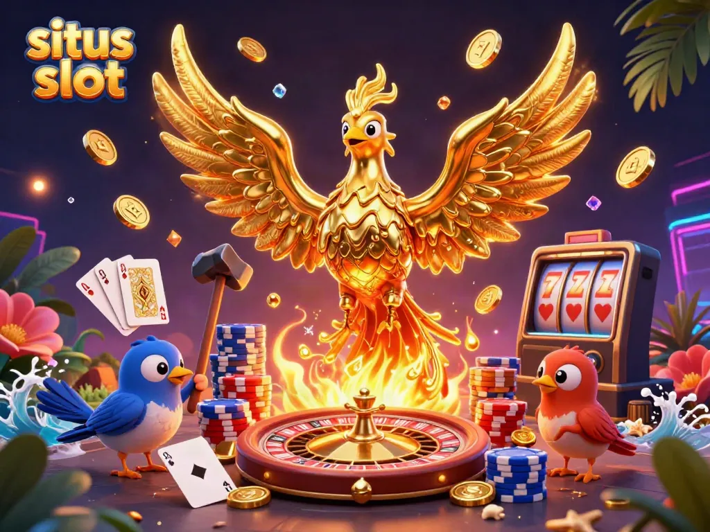 Experience the thrill of situs slot with a golden phoenix, gaming elements, and winning energies.