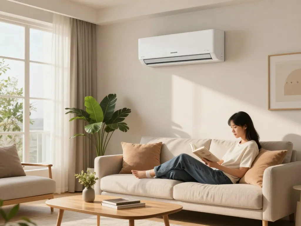 Cozy living room featuring a mini split air conditioner for efficient cooling and heating.