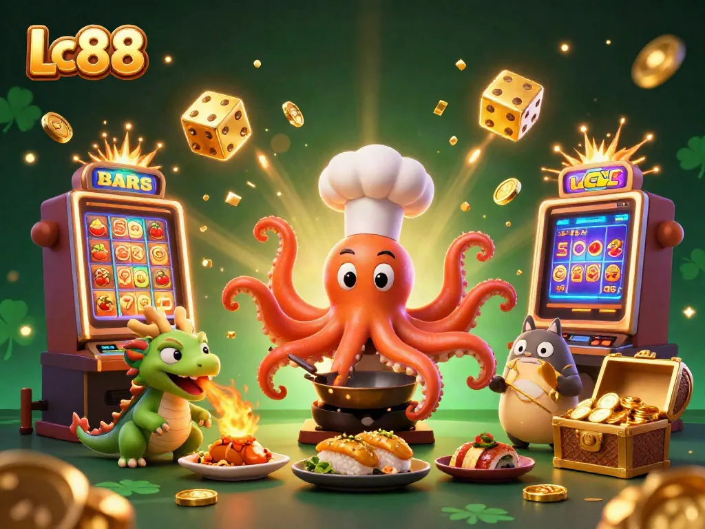 Play and win at Lc88 with a cooking-themed casino scene bursting with excitement and golden rewards.