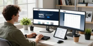 WPS Official Website displayed on monitors in a productive tech workspace