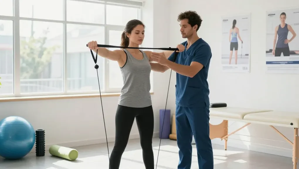 Physiotherapy burlington - rehabilitation session with therapist guiding exercises in a bright, modern clinic environment.