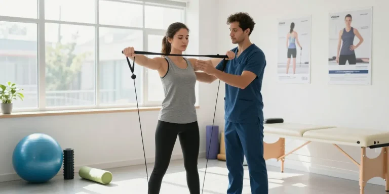 Physiotherapy burlington - rehabilitation session with therapist guiding exercises in a bright, modern clinic environment.