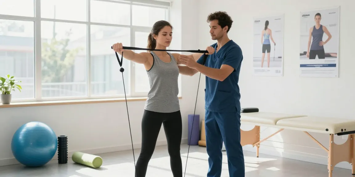 Physiotherapy burlington - rehabilitation session with therapist guiding exercises in a bright, modern clinic environment.