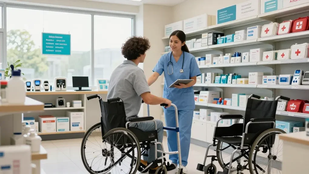 Medical equipment store assisting customers with mobility aids and healthcare supplies in a welcoming environment.