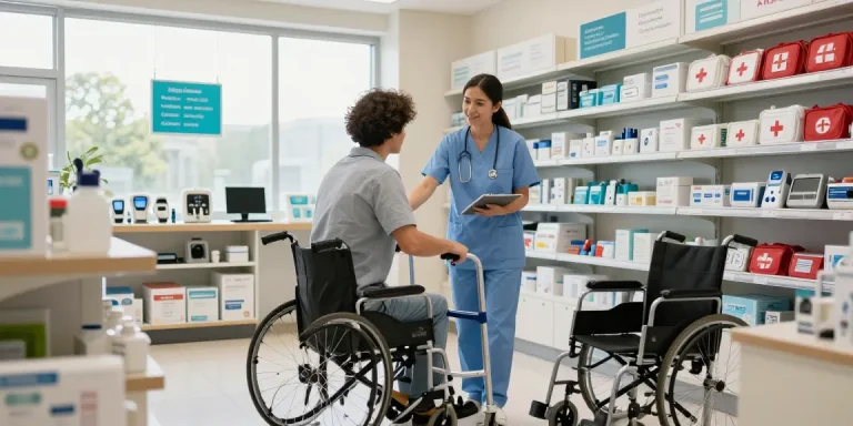 Medical equipment store assisting customers with mobility aids and healthcare supplies in a welcoming environment.